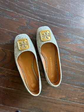 Tory Burch Cream Tweed Square-Toe Logo Ballet Flats